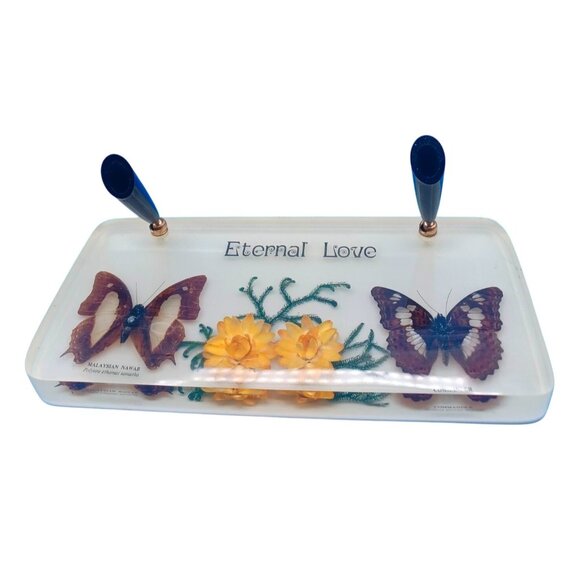 Vintage Lucite Desk 2 Pen Holder "Eternal Love" Real Butterflies & Flowers - Picture 2 of 6